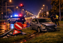 Noapte cu ghinion pentru un șofer din Satu Mare: a lovit un indicator și a ajuns pe spațiul verde, fiind beat turtă la volan